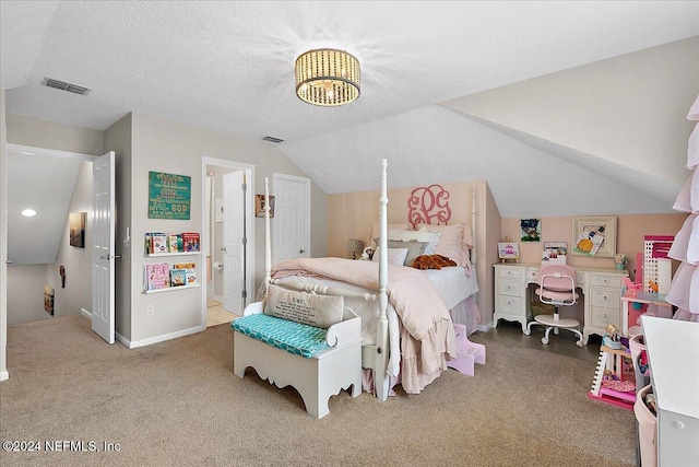 bedroom with lofted ceiling, visible vents, a textured ceiling, and carpet