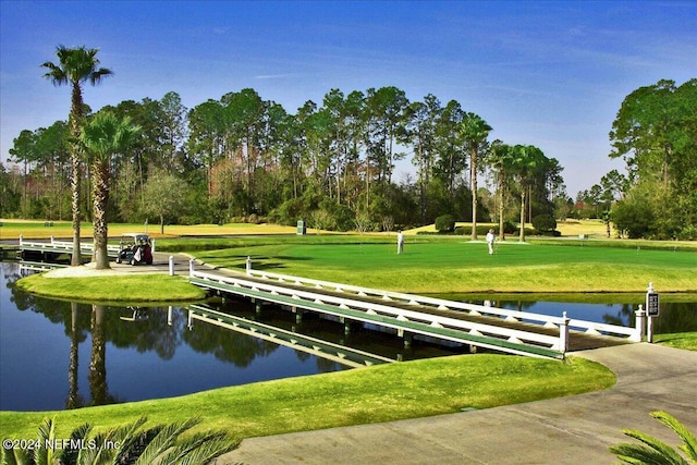 view of community featuring a water view and a yard