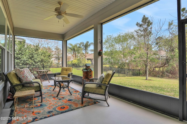 sunroom featuring a wealth of natural light and ceiling fan