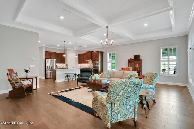 living area featuring wood finished floors, baseboards, coffered ceiling, beam ceiling, and a notable chandelier