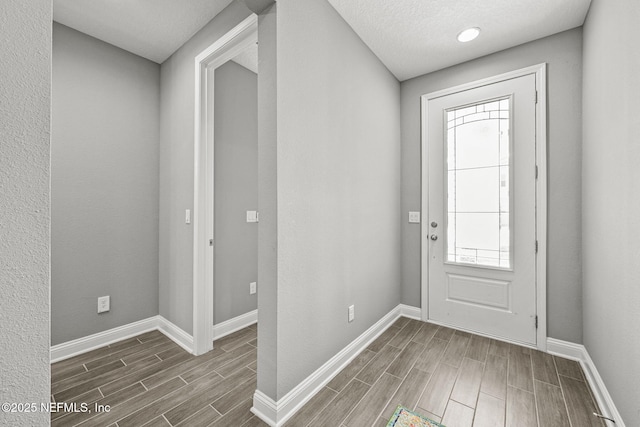 foyer featuring wood tiled floor, baseboards, and a textured ceiling