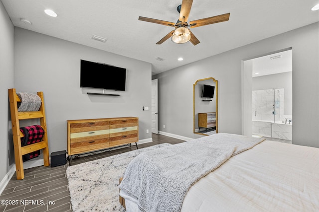 bedroom featuring ceiling fan, connected bathroom, recessed lighting, baseboards, and wood tiled floor