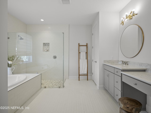 full bathroom featuring a walk in shower, tile patterned flooring, vanity, baseboards, and a bath