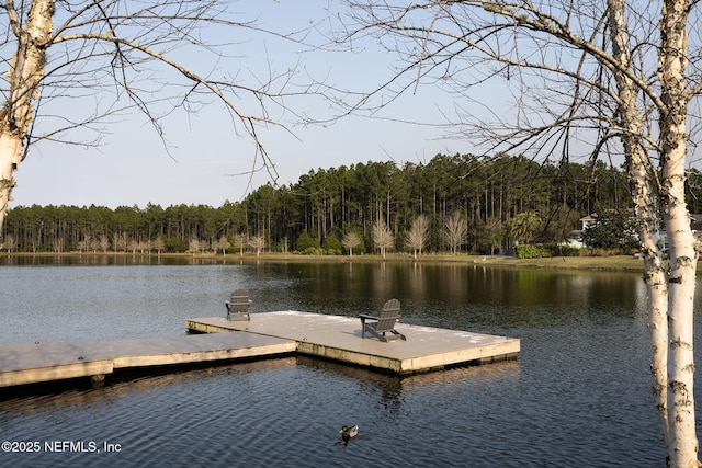 view of dock with a water view and a forest view