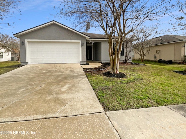 ranch-style home with a front lawn, driveway, an attached garage, and stucco siding