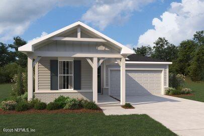 view of front of house with a garage, concrete driveway, brick siding, and a porch