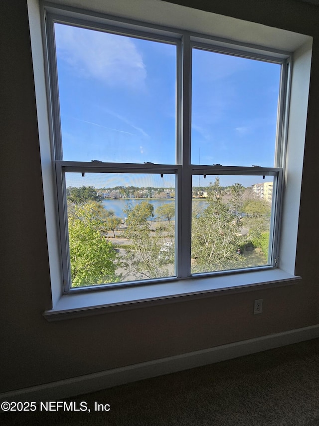 room details featuring a water view and baseboards