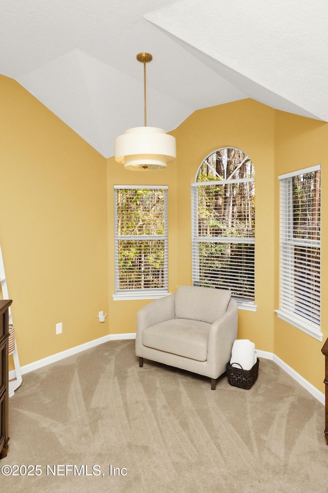 sitting room featuring lofted ceiling, carpet flooring, and baseboards