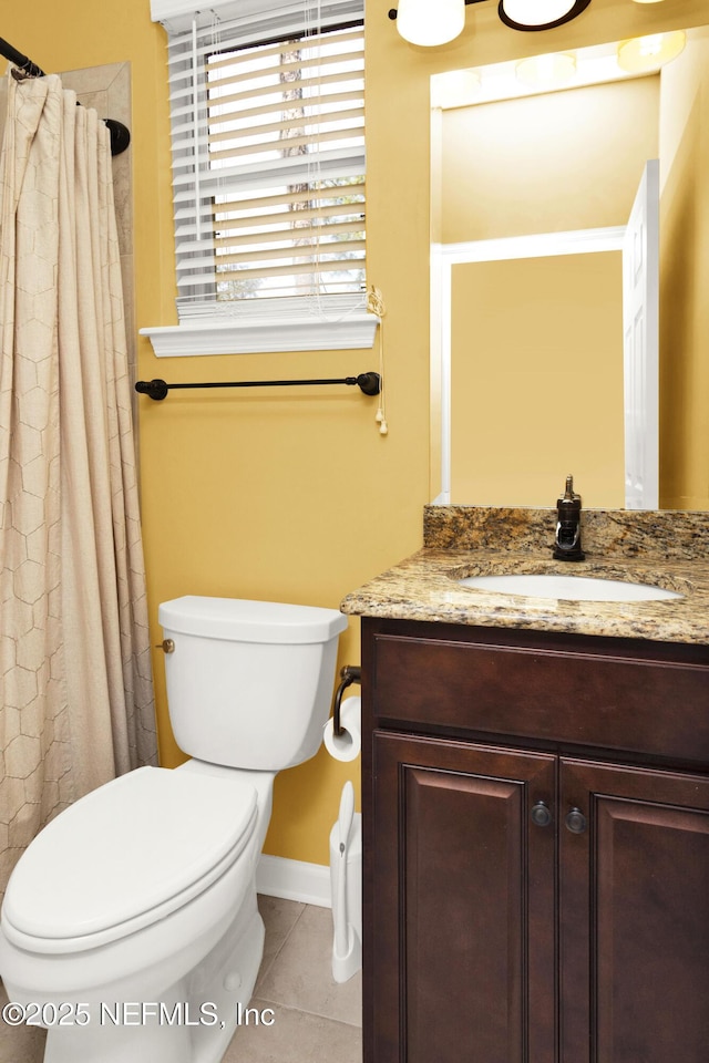 bathroom with toilet, tile patterned flooring, and vanity