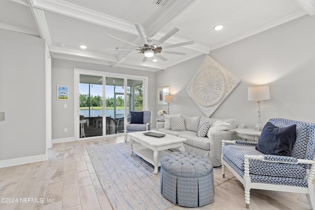 living area with coffered ceiling, baseboards, ornamental molding, beam ceiling, and wood tiled floor