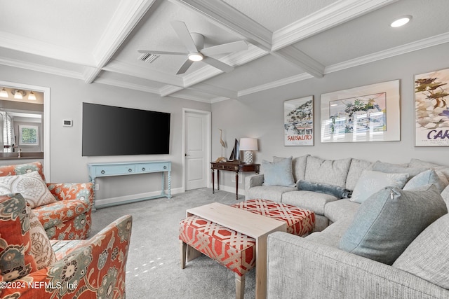 carpeted living area featuring crown molding, visible vents, coffered ceiling, beamed ceiling, and baseboards