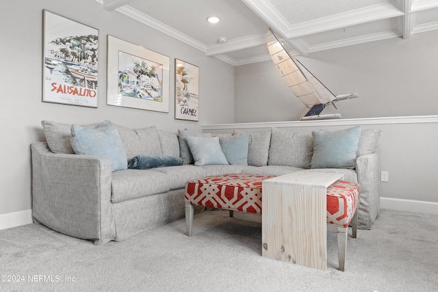 carpeted living area featuring ornamental molding, recessed lighting, beam ceiling, and baseboards