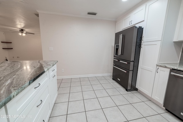 kitchen featuring ceiling fan, high end black refrigerator, visible vents, white cabinets, and stainless steel dishwasher