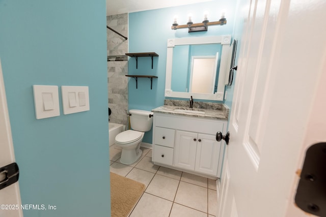 full bathroom featuring shower / washtub combination, tile patterned flooring, vanity, and toilet