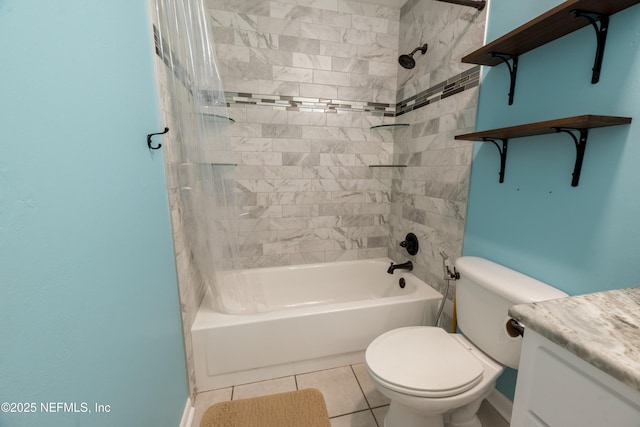 bathroom with vanity, bathing tub / shower combination, toilet, and tile patterned floors