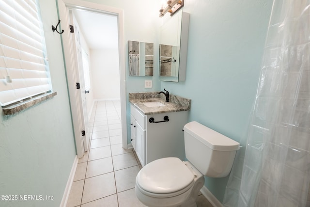 full bath with curtained shower, toilet, vanity, tile patterned flooring, and baseboards