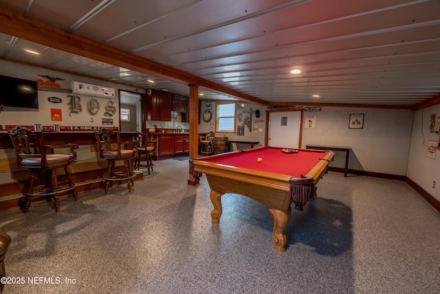 game room with a dry bar, billiards, baseboards, and a sink