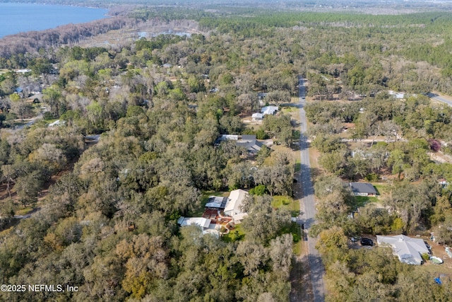 bird's eye view featuring a water view and a wooded view