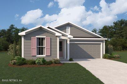 view of front of house featuring driveway, an attached garage, and a front lawn