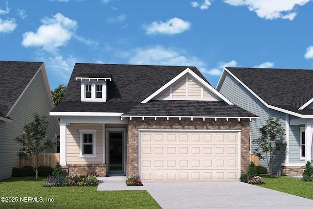 view of front of house featuring roof with shingles, concrete driveway, an attached garage, fence, and a front lawn