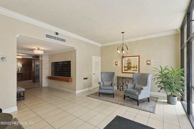 sitting room with tile patterned floors, baseboards, visible vents, and ornamental molding