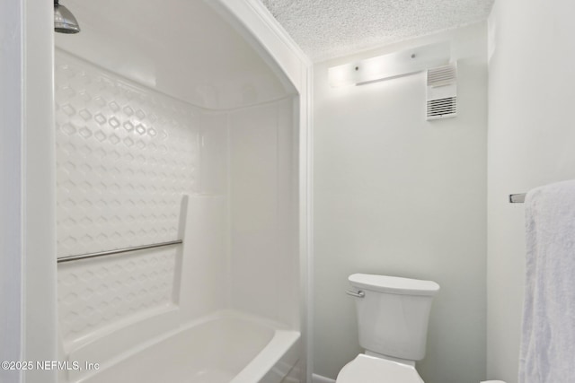 full bathroom with toilet, visible vents, and a textured ceiling