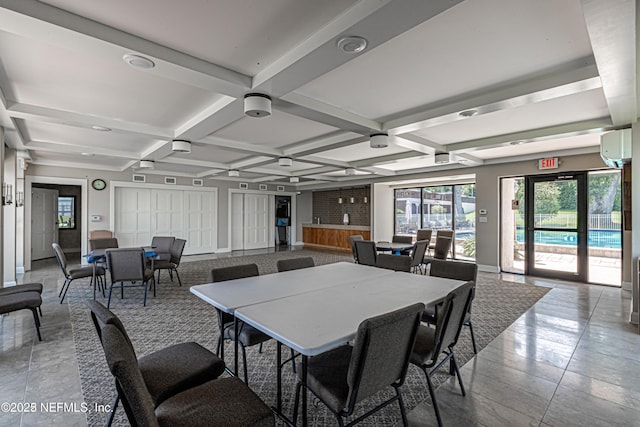 dining area featuring beam ceiling, coffered ceiling, and baseboards