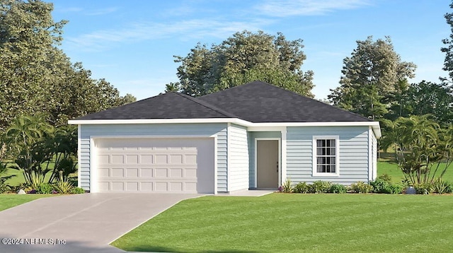 ranch-style house featuring a garage, driveway, a front lawn, and roof with shingles