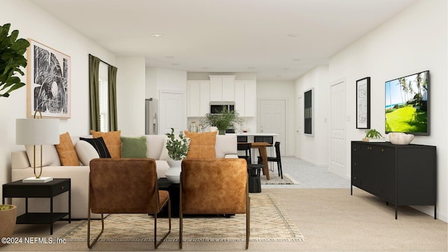 dining room featuring light colored carpet and baseboards