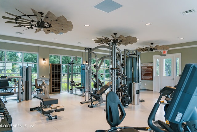 gym featuring recessed lighting, visible vents, and ceiling fan