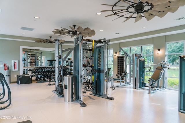 workout area with recessed lighting, a ceiling fan, and visible vents