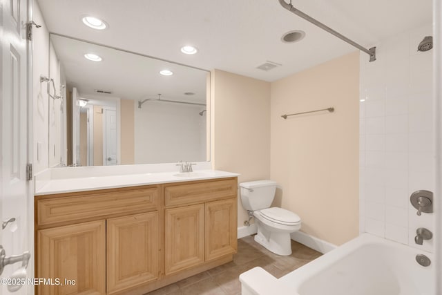 full bathroom with visible vents, bathing tub / shower combination, toilet, tile patterned floors, and recessed lighting