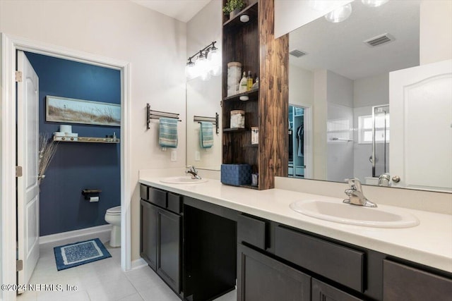 full bath with toilet, a stall shower, visible vents, and a sink