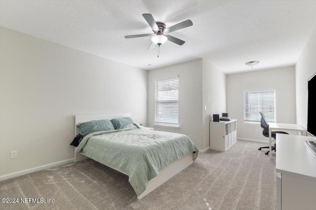 bedroom featuring light carpet, baseboards, and a textured ceiling