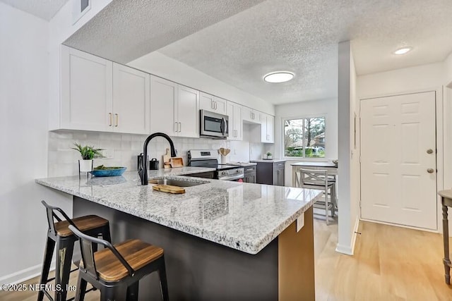 kitchen featuring stainless steel appliances, light wood-type flooring, a sink, and light stone counters