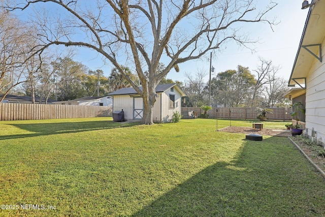 view of yard with an outbuilding and a fenced backyard