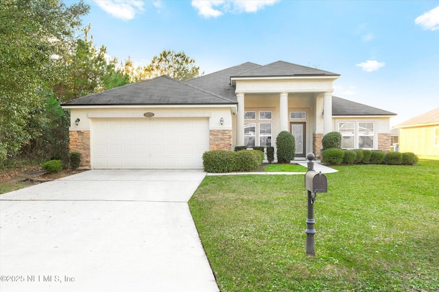 view of front of house with an attached garage, stone siding, a front lawn, and concrete driveway