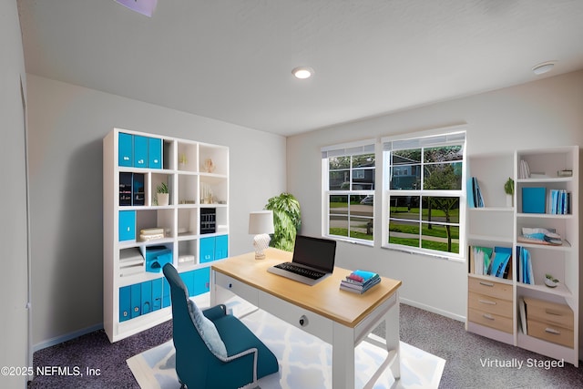 office featuring baseboards, carpet flooring, and recessed lighting