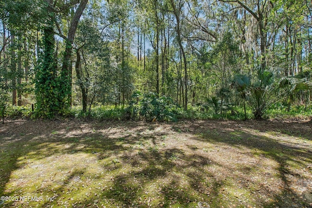 view of yard featuring a forest view