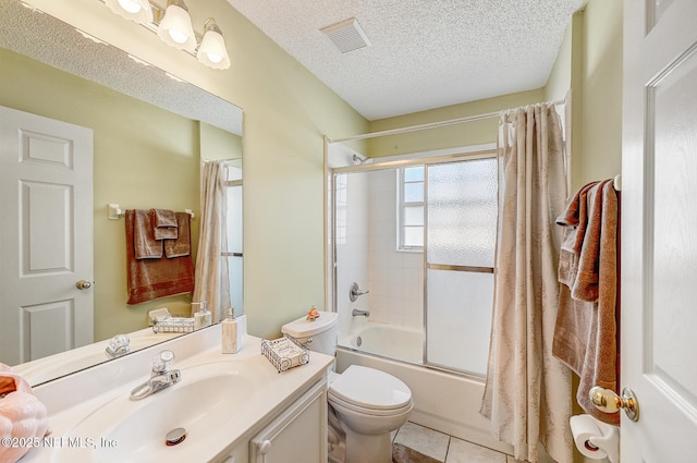 bathroom with visible vents, toilet, tile patterned flooring, shower / bathtub combination with curtain, and a textured ceiling