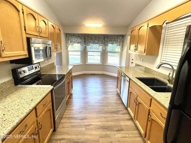 kitchen featuring lofted ceiling, stainless steel appliances, wood finished floors, a sink, and baseboards