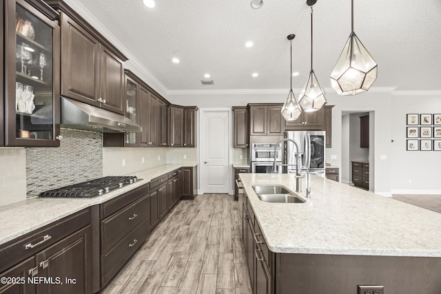 kitchen with a sink, stainless steel appliances, dark brown cabinetry, under cabinet range hood, and crown molding