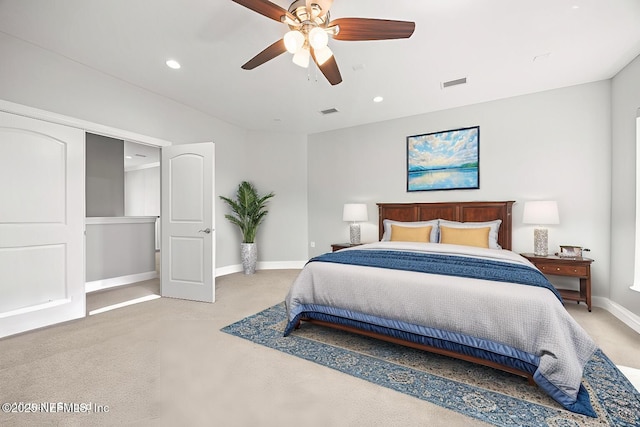 bedroom featuring carpet, visible vents, baseboards, a ceiling fan, and recessed lighting