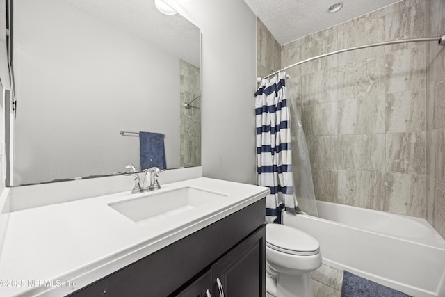 full bath with shower / bathtub combination with curtain, toilet, vanity, and a textured ceiling