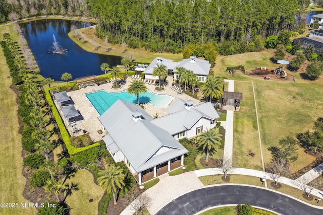 drone / aerial view with a water view