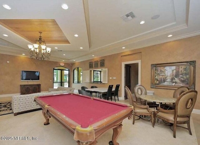 recreation room with a tray ceiling, crown molding, recessed lighting, visible vents, and baseboards