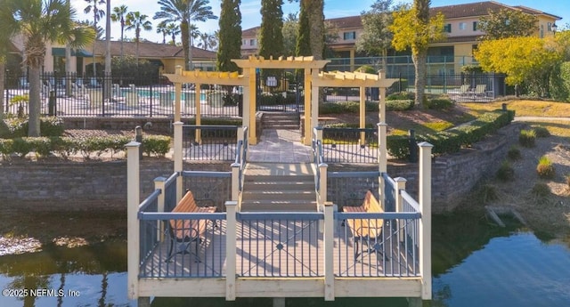 dock area with a water view, fence, and a community pool