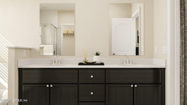 bathroom with double vanity, a stall shower, and a sink