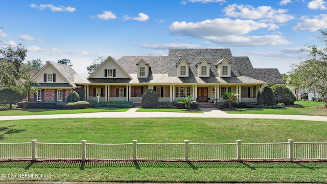 view of front of property featuring covered porch, a front lawn, and a fenced front yard