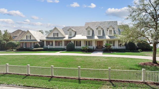 cape cod home featuring a front lawn, a fenced front yard, and brick siding